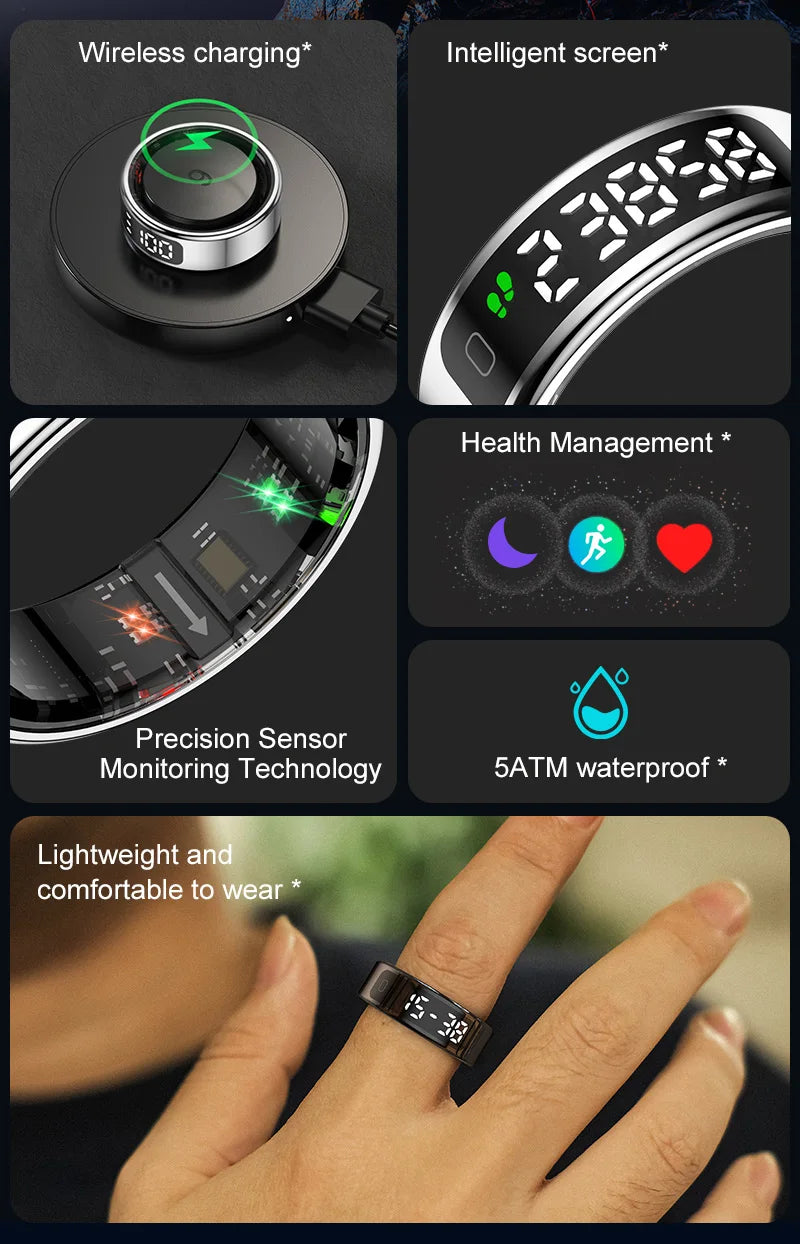 AMZMAX R11 Smart Ring | Display Smart Ring with Wireless Charging Stand, 24/7 Health & Sleep Monitor | 5ATM Waterproof | Multi-Sport Modes
