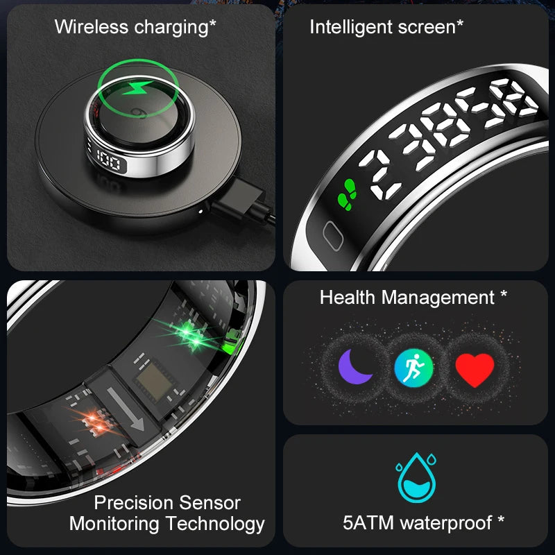 AMZMAX R11 Smart Ring | Display Smart Ring with Wireless Charging Stand, 24/7 Health & Sleep Monitor | 5ATM Waterproof | Multi-Sport Modes