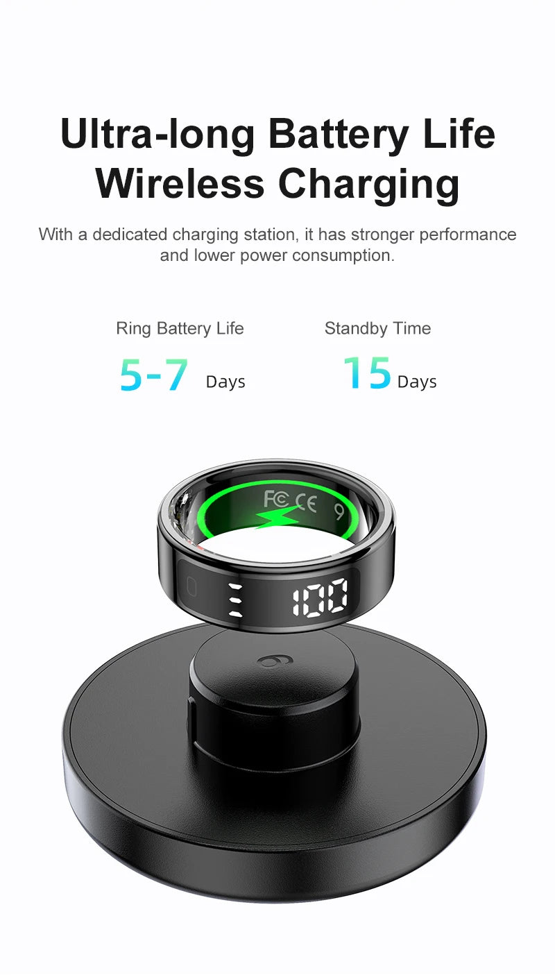 AMZMAX R11 Smart Ring | Display Smart Ring with Wireless Charging Stand, 24/7 Health & Sleep Monitor | 5ATM Waterproof | Multi-Sport Modes